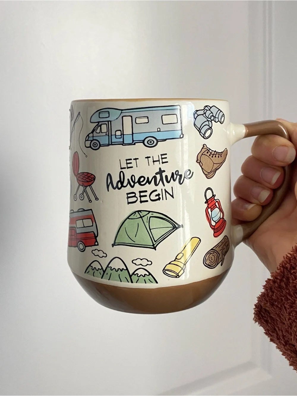 Urban Outfitters Cream Mug with Brown Base and Multicolor Camping Graphics - Picture 1 of 4